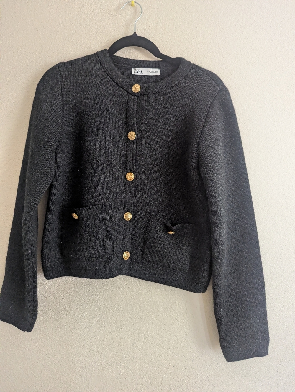 ZARA Dark Grey Knit Gold Button Cardigan